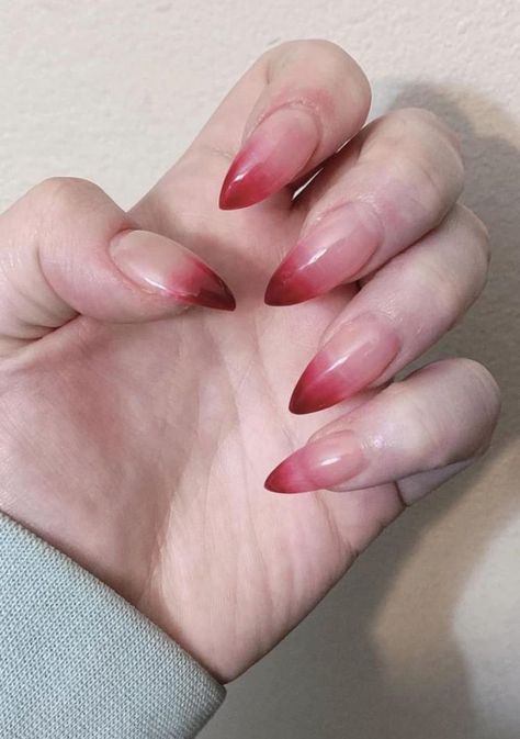 Nezuko (Demon form) nails Faded Red Nails, Nails Fading Color, Red Ombre Tip Nails, Clear To Red Ombre Nails, Red Tip Ombre Nails, Red Gradient Nails Ombre, White Red Ombre Nails, Blood Dipped Nails, Dark Red Ombré Nails