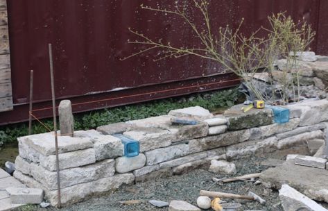 Building Stone Walls with Urbanite | TAPROOT ARCHITECTS - LLC Slate Shingles, Building A Retaining Wall, Broken Concrete, Building Stone, Concrete Bricks, Gin Bottles, Stone Walls, Rain Garden, Led Lamps