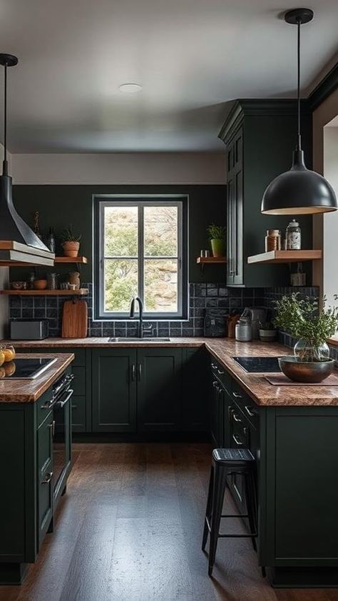 10 Essential Elements for a Moody Kitchen Makeover Kitchen Design Dark Green, Moody Kitchen Colors, Green Moody Kitchen, Small Moody Kitchen, Moody Color Palette Home, Moody Green Kitchen, Dark Green Kitchen Ideas, Edgy Kitchen, Dark And Moody Kitchen