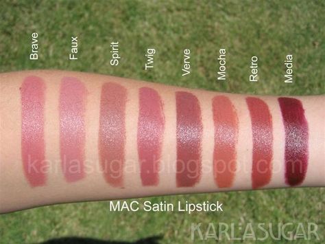 MAC, Satin, lipstick, swatches, Brave, Faux, Spirit, Twig, Verve ... Mac Faux Lipstick, Mac Faux, Mac Satin Lipstick, Mac Lipstick Swatches, Mac Lips, Makeup And Beauty Blog, Lip Swatches, Satin Lipstick, Lipstick Swatches