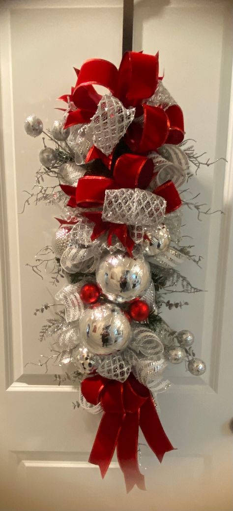 Red and Silver Christmas Wreath White Red And Silver Christmas Decor, Silver And Red Christmas Tree Ideas, Silver Red Christmas Decor, Silver Red And White Christmas Decor, Red White Silver Christmas Decor, White Silver Red Christmas Decor, Red And Silver Christmas, Red Silver Christmas Tree, Silver And Red Christmas Tree