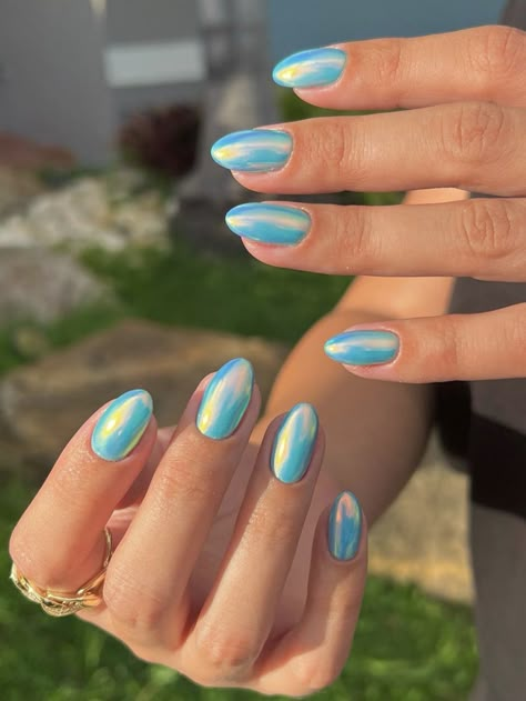 Rainbow Chrome Nails French Tip, Teal Dip Nails Ideas, Fun Chrome Nails, Teal Chrome Nails, Mermaid Chrome Nails, Chromatic Nails, Rainbow Chrome Nails, Colorful Chrome Nails, Light Blue Chrome Nails