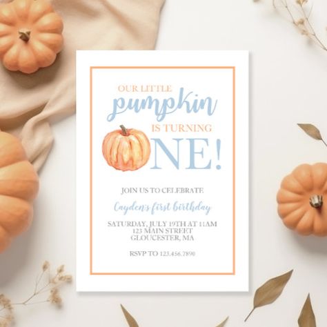 Little Pumpkin Pastel Blue Fall First Birthday Inv Invitation #zazzle #weddinginvitations #birthdayinvitations #babyshowerinvitations #zazzleinvitations #monogram #businesscards #graduation #homedecor October First Birthday Girl Themes, First Birthday Girl September, Girl First Birthday Party Ideas Fall, One Little Pumpkin Birthday Girl, One Sweet Pumpkin Birthday, First Birthday Pumpkin Theme Girl, First Birthday Pumpkin Theme, First Birthday Themes Fall, October 1st Birthday Girl