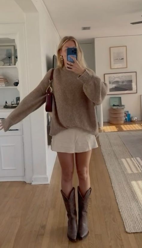 Fall Outfit Inspo with sweater and skirt combo. Cowgirl boots and shoulder bag. Neutral colors. Warm and cozy aesthetic. Cozy Fall Outfits, Cozy Aesthetic, Outfit Inspo Fall, Cozy Fall, Cowgirl Boots, Fall Outfit, Neutral Colors, Warm And Cozy, Fall Outfits