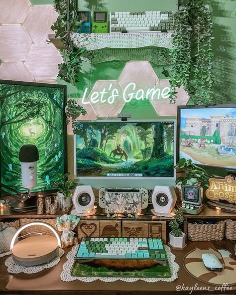 Elegant Gaming Setup, Pink And Green Gaming Room, Blue And Green Gaming Setup, Plant Gaming Setup Aesthetic, Couples Gaming Room Setup Minimalist, Green And Pink Gaming Setup, Green And Purple Gaming Setup, Dark Green Gaming Setup, Green Computer Setup