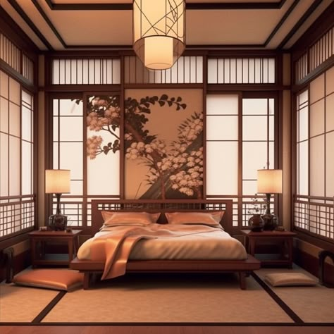 Japan Traditional House Interior, Japanese Themed House, Ryokan Interior Japanese Style, Japanese Room Ideas Bedroom Designs, Modern Japanese Style Bedroom, Japanese Home Interior Traditional, Asian Home Interior, Luxury Japanese Bedroom, Chinese Home Aesthetic