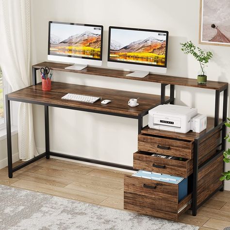 Workstation Desk with Printer Space, Wood PC Table Desk with Storage for Home Office Designed with the elevated monitor stand, this computer desk with storage enables you an ergonomic and comfortable sight-level height and sitting position while working;…