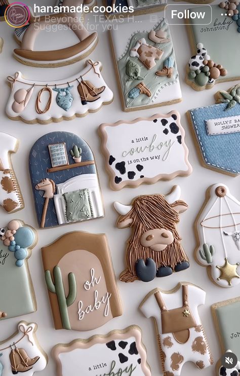 Horse Royal Icing Cookies, Western Decorated Cookies, Cow Themed Cookies, Farm Baby Shower Cookies, Highland Cow Baby Shower Cookies, First Rodeo Birthday Cookies, Highland Cow Cookies Decorated, Cow Cookies Decorated, Cowboy Baby Shower Cookies