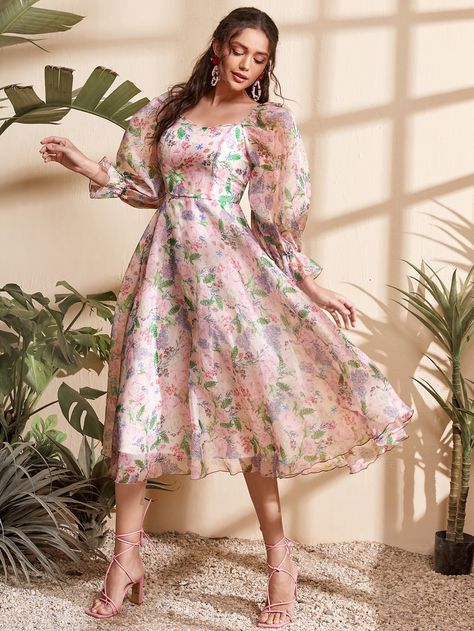 Multicolor Glamorous Collar Long Sleeve Polyester Floral,All Over Print A Line Embellished Non-Stretch Spring/Summer Women Dresses Fork Dress Design For Women, Organza Frocks For Women Knee Length, Long Summer Dress Outfits, Frock Designs For Women, Organza Frocks, Frock Photos, Dress Paterns, Floral Organza Dress, Floral Lantern