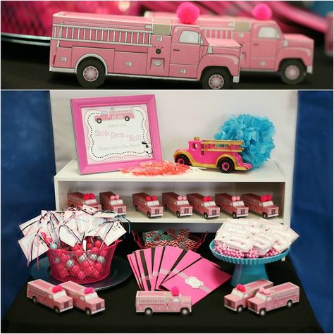 Photo 2 of 31: Girly firefighter / Birthday "3 Alarms for Ava" | Catch My Party Pink Truck 1st Birthday, Pink Monster Truck Party, Girly Firetruck Party, Pink Fire Truck Party, Girl Firefighter Birthday Party, Firetruck 3rd Birthday, Third Birthday Firetruck, Firefighter Baby Showers, Vintage Carnival Party