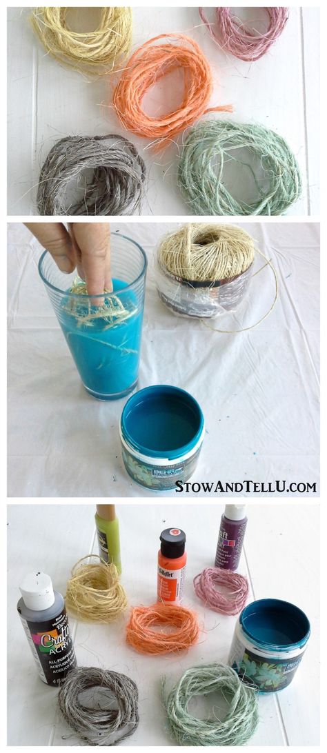 How to dye sisal twine with paint to use for gift wrap, crafts, weddings, ornaments and more - StowAndTellU.com Diy Rope Design, Twine Crafts Diy, Jute Twine Crafts, Twine Flowers, Sisal Twine, Twine Diy, Twine Crafts, Jute Craft, Rope Projects