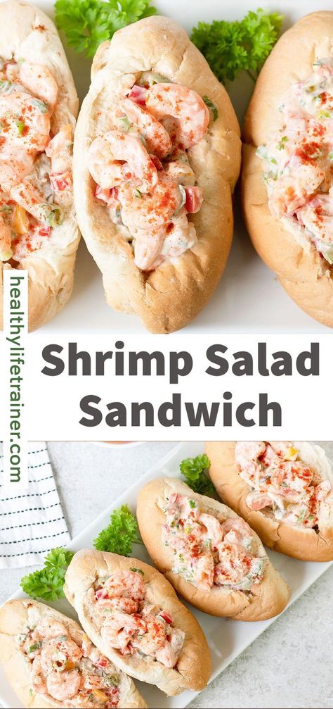 The shrimp salad sandwich is creamy, well-seasoned shrimp sandwiched between two pieces of bread. Perfect for lunch or serve it with fries and salad for a perfect dinner. This shrimp salad sandwich combines many delightful ingredients that enhance its light, delicious and creamy flavor, perfect for a summery lunch out. #shrimpsalad #shrimpsandwich #lunchrecipes Shrimp Sandwich Recipes Healthy, Homemade Shrimp Salad, Shrimp Salad Sandwich Recipes, Seafood Sandwich Recipes, Shrimp Hoagies, Subway Seafood Salad Recipe, Cold Shrimp Recipes, Grilled Shrimp Sandwich, Crab Salad Sandwich Recipe