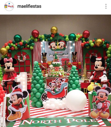 Mickey and Minnie Mouse Christmas Village Dessert table and Decor Birthday party Christmas Mickey Mouse Party, Mickey And Minnie Mouse Christmas Decor, Christmas Mickey Mouse Birthday Party, Mickey Mouse Christmas Party Ideas, Disney Theme Christmas Party, Christmas Birthday Party 1st Decorations, Disney Christmas Party Decoration, Mickey Christmas Birthday Party, Minnie Mouse Christmas Decorations