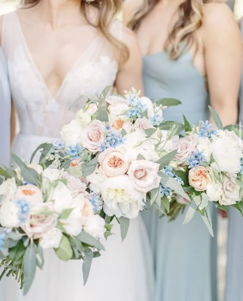 Light Blue Bridesmaid Dresses Pink Bouquet, Light Blue And Pink Boutonniere, White Blush Blue Bouquet, Light Blue Pink And Green Wedding, Light Blue And Pink Bouquet, Blue Green White Pink Wedding Flowers, Blush And Blue Wedding Flowers, Blue And Peach Bouquet, Wedd Bouquets