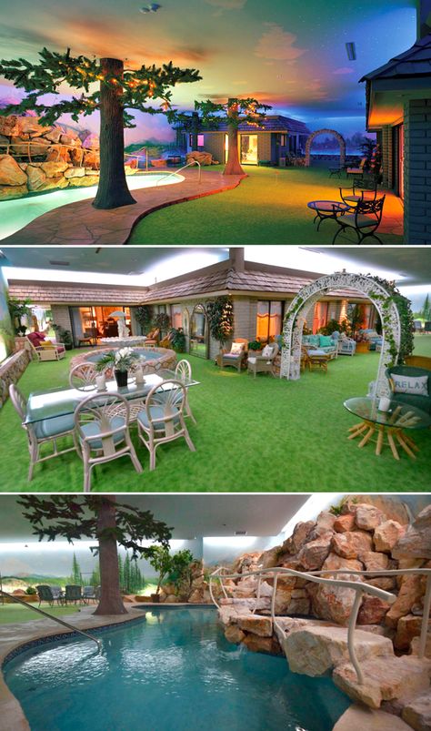 This underground ground house in Las Vegas is built 26 foot underground with a subterranean home design that makes you feel as if you are in a normal home with a backyard with grass landscaping, swimming pool, trees and murals painted to reflect natural landscaping and the horizon. Bunker House Underground, Underground House Design, Underground Driveway, Under Ground Homes, Under Ground Bunker, Underground Bunker Luxury, Bunker Ideas Underground, Subterranean Homes, Bunkers Underground