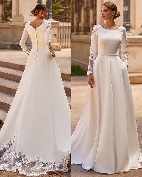 Bring your inner princess out with Moonlight Modest style M5063, a classy satin A-line wedding dress with built-in waistband. While keeping you look elegant with her all-over coverage, M5063 is alluring by having a wide V-shaped neckline at the back. Her long sleeves and chapel train are cut out with see-through net to make it even more fun. Check out more photos at the link now. #alineweddingdress #sleeveweddingdress #bridetobe Modest Wedding Dresses Satin, Modest High Neck Wedding Dress, Satin Wedding Dress With Long Sleeves, Kate Middleton Wedding Dress Inspired, Classy Elegant Wedding Dress Modest, Elegant Long Sleeve Wedding Dress Classy, Full Coverage Wedding Dress, Satin Wedding Gown With Sleeves, Wedding Dress Satin And Lace