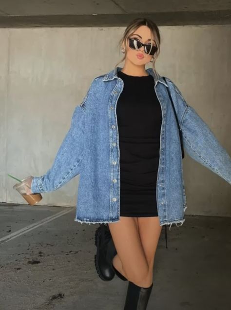 Denim Jacket Nashville Outfit, Jean Jacket Going Out Outfit, Denim Jacket Black Dress, Jean Jacket With Dress Outfits, Jean Jacket Womens Outfit, Nashville Outfit Inspo Fall, Jean Jacket Over Dress, All Black Outfit With Jean Jacket, Apple Hill Outfit