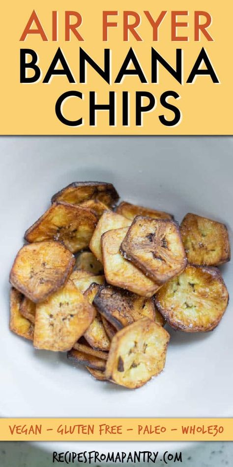 Banana chips are a slightly sweet and salty crispy treat that is great for snacking! Just the thing for eating on the go, serving with dips at BBQs, potlucks, picnics, and game day gatherings. This awesome banana chips recipe is made with just 3 essential ingredients, is ready in less than 30 minutes, and keeps for days. Click through to learn how to make banana chips in the air fryer, oven, or on the stovetop!! #bananachips #airfryer #airfryerbananachips #airfriedbananachips #plantainchips How To Dehydrate Bananas In Air Fryer, Air Fry Banana Chips, Airfryer Banana Chips, Dehydrated Banana Chips In Air Fryer, How To Make Banana Chips, Banana Chips In Oven, Banana Chips Airfryer, Banana Chips In Air Fryer, Side Dishes For Hamburgers