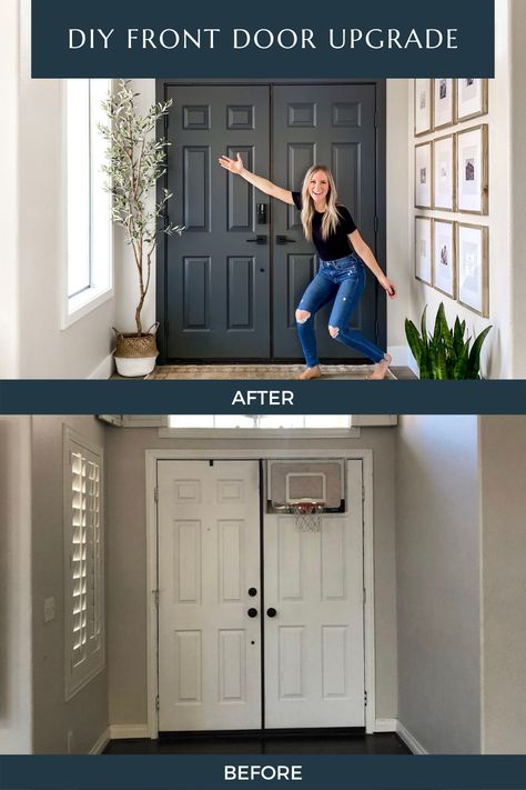 Painted Interior Front Door Entryway, Interior Front Door Black, Paint Interior Front Door, Inside Front Door Colors, Painted Front Door Interior, Modern Luxury Entryway, Interior Front Door Color, Black Front Door Interior, Black Interior Front Door