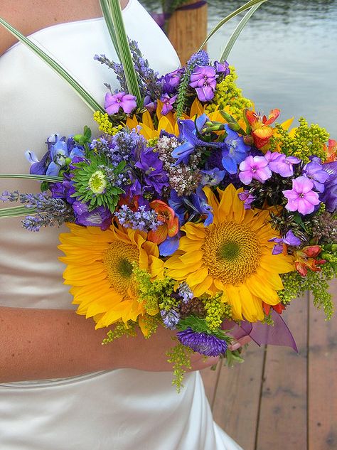 add a few more sunflowers, subtract a few wildflowers and we have an equation that equals a dang good bouquet Simple Wildflower Wedding Bouquet, Alaskan Flowers, Sunflower Wedding Cake, Garden Wedding Bouquet, Wildflower Wedding Bouquet, Orange Bouquets, Zoo Wedding, Big Backyard, Sunflower Garden