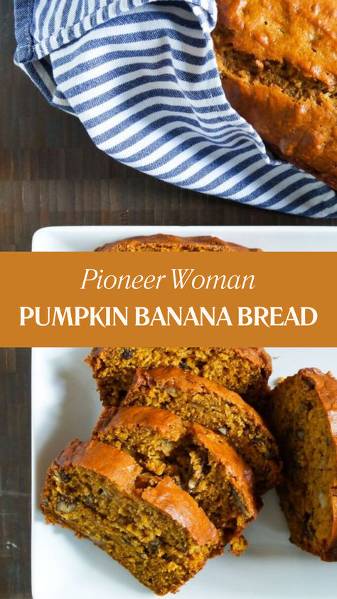 Pioneer Woman Pumpkin Banana Bread is made with all-purpose flour, baking soda, kosher salt, baking powder, cinnamon, ginger, cloves, nutmeg, granulated sugar, brown sugar, vegetable oil, eggs, pumpkin puree, ripe banana, and chopped pecans. This easy Pumpkin Banana Bread recipe creates a tasty dessert that takes about 65 minutes to prepare and can serve up to 16 people. Brown Butter Pumpkin Banana Bread, Banana Bread Recipe With Pumpkin, Recipes Using Whole Pumpkin, Best Pumpkin Banana Bread, Pumpkin Banana Bread Recipe Moist, Banana Bread With Pumpkin Puree, Banana Bread Pumpkin Recipe, Banana Bread Recipe Pumpkin, Banana Bread Pumpkin