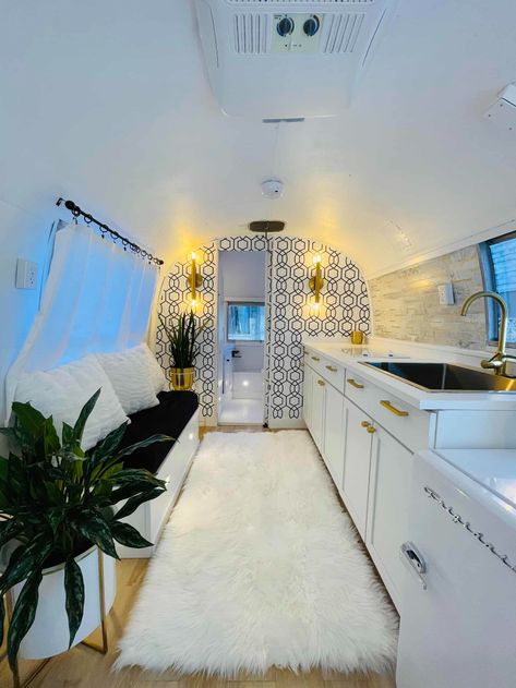 Airstream Remodel Bathroom, Remodeled Airstream Interiors, Airstream Lighting, Converted Airstream, Backyard Airstream, Airstream Interior Ideas, Luxury Airstream, Airstream Safari, Airstream Rental