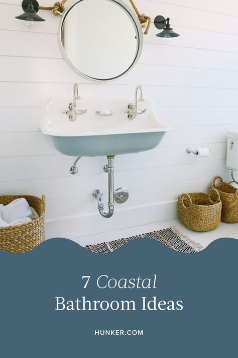 From bringing in ocean hues and adding seaside-themed accents, to celebrating the breeziness of the beach with lots of natural light and neutral finishes, a coastal bathroom has all the cool and clean vibes you need. #hunkerhome #bathroom #coastal #nautical #bathroomideas #coastalbathroomideas Coastal Bathroom Lights, Modern Coastal Bathroom Design, Coastal Bathroom Vanities, White Beach Bathroom, Blue Coastal Bathroom, Cabana Bathroom Ideas, Poolhouse Bathroom, Coastal Guest Bathroom, Small Coastal Bathroom Ideas