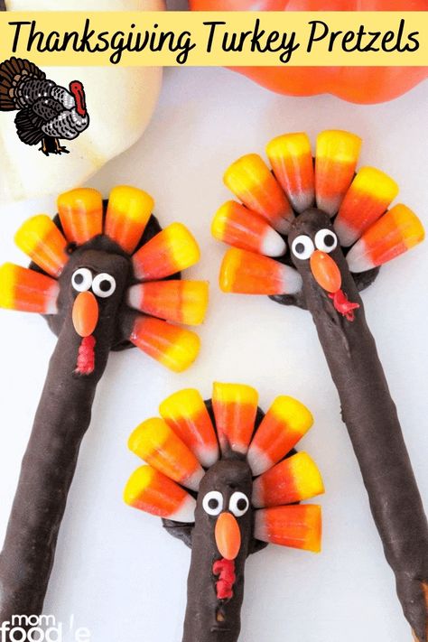 These Turkey Pretzels Thanksgiving Treats are chocolate covered pretzel rods cookie and candy corn creations that make for a fabulous Thanksgiving snack or grab an go dessert. Kids love these pretzel turkeys! #thanksgiving #pretzels #snacks #holidays Turkey Pretzels, Kids Food Crafts, Crafts Thanksgiving, Thanksgiving Snacks, Chocolate Dipped Pretzels, Chocolate Sticks, Turkey Crafts, Pretzel Rods, Thanksgiving Treats