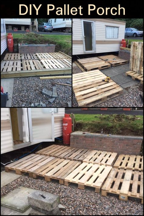 Outdoor Patio With Pallets, Camper Patio Ideas Diy, Rv Pallet Deck Ideas, Building A Porch On A Budget, Porch With Pallets, Diy Porch Floor Ideas, Pallet Skirting For Mobile Homes, Patio Out Of Pallets, Easy Patio Flooring Diy