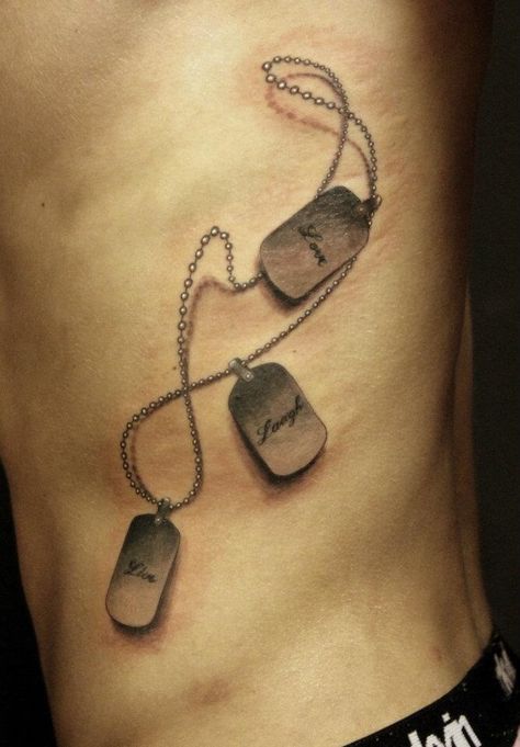 Dog tags Dog Tags Tattoo, Tato Nama, Sister Tattoo Designs, Kid Name Tattoo, Names Tattoos For Men, Tattoos Infinity, Army Tattoos, Tattoos With Kids Names, Military Tattoos