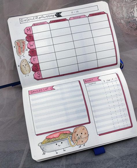 Planner Food Meal Planning, Diy Meal Planner Notebook, Bullet Journal Meal Ideas, Bujo Meal Planner, Meal Plan Journal Layout, Meal Prep Journal Layout, Meal Tracker Bullet Journal, Food Tracker Bullet Journal, Meal Prep Bullet Journal