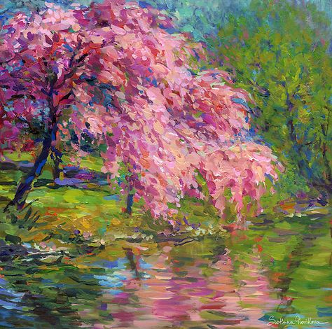 Tree Landscape Painting, Tree Landscape, Impressionism Painting, Pink Trees, Impressionist Art, Cherry Tree, Landscape Trees, Tree Art, Tree Painting