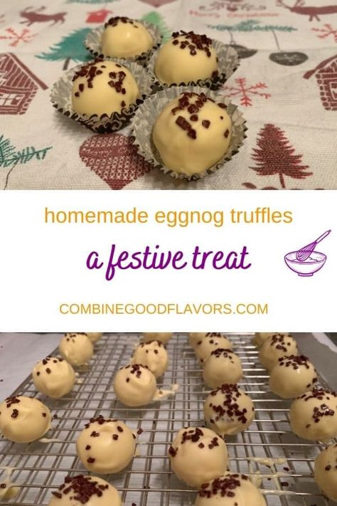 Don't miss out on making these eggnog truffles and treating yourself with a big batch of these delicious truffles! They are also perfect as a Christmas or hostess gift! Eggnog Truffles, Chocolate Texture, Christmas Truffles, Homemade Eggnog, Liqueurs Recipes, Holiday Sprinkles, Types Of Chocolate, Truffle Recipe, Chocolate Drip