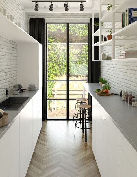 Galley Kitchen Design With Island, Kitchen Narrow Space, Narrow Appartment Ideas, Narrow Space Kitchen Ideas, Small Narrow Apartment Layout, Narrow Small Kitchen Ideas, Narrow Long Kitchen Ideas, Small Long Kitchen Ideas Narrow, Small Galley Kitchen Ideas Narrow Layout