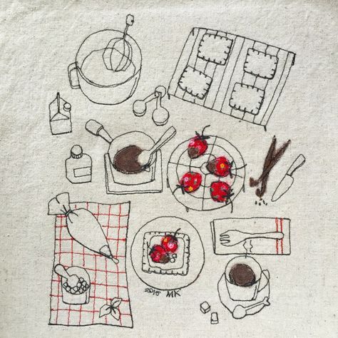 Minki’s Strawberry Tote | Minki's Work Table Food Embroidery, Poetic Inspiration, Minki Kim, Sewing Illustration, Textiles Inspiration, Freehand Machine Embroidery, Cushion Embroidery, Watercolor Food, Fabric Cards