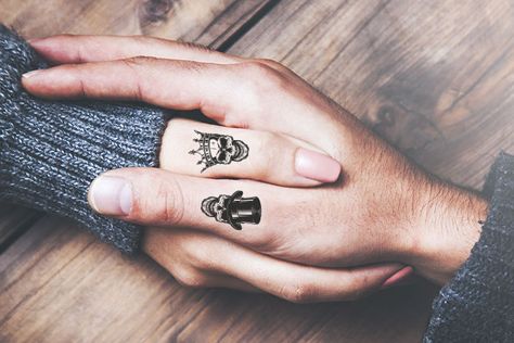 Couples Hand Tattoos, Skull Finger Tattoos, Hand Holding Tattoo, Skull Couple Tattoo, Him And Her Tattoos, Finger Tattoos For Couples, Thumb Tattoos, Tattoos For Couples, Best Couple Tattoos