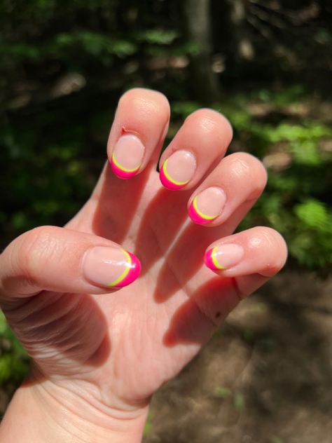 Neon green Fuschia French tips Double lined Two tone Barbie inspired Two Tone French Tip Nails, Barbie Inspired, French Tip Acrylic Nails, French Tips, French Tip Nails, French Nails, Neon Green, Nails Inspiration, Pretty Nails