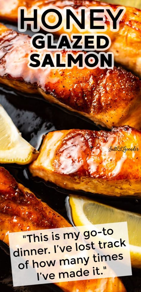 Simple, quick, and SO satisfying describes this honey glazed salmon recipe! Everyday ingredients are elevated into a special meal in this salmon dinner. Honey Pepper Salmon, Salmon Glaze Recipes Healthy, Blackened Honey Glazed Salmon, Rum Glazed Salmon, Fresh Water Salmon Recipes, Honey Lemon Glazed Salmon, Easy Honey Glazed Salmon, Orange Honey Salmon, Honey Sauce For Salmon