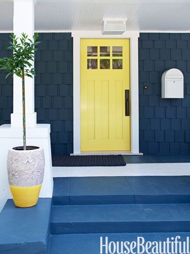 "I wanted to lighten up a dark, modest Craftsman house with a pop of yellow on the front door. Yellows can often be too juvenile, too in-your-face, too much, but the little bit of lime in this one makes it more sophisticated. It's playful and happy but not too Disney. Do it in high gloss for depth." -Tamara Kaye-Honey. Casava 15-10 by Pratt & Lambert Yellow Front Door, Yellow Front Doors, Best Front Doors, Front Door Paint Colors, Yellow Door, Door Paint, Blue Exterior, Door Paint Colors, Door Colors