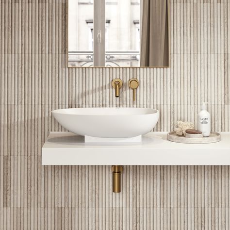 Travertine Fluted Tile, Bathroom Fluted Tiles, Travertine Powder Room, Fluted Backsplash Kitchen, Fluted Wall Tiles Bathroom, Fluted Bathroom Tiles, Natural Powder Room, Fluted Tile Backsplash, Fluted Backsplash