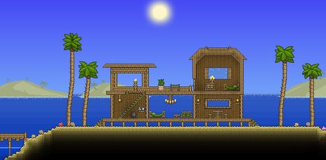 Beach House Terraria, Terraria Beach House, Terraria Base, Terraria Houses, Terrarium Base, Terraria House Ideas, Terraria House, Terraria Builds, Little Beach House