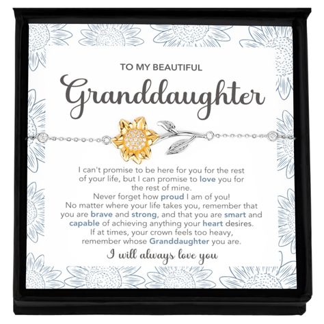 PRICES MAY VARY. Granddaughter gift from grandma or grandpa - our jewelry is a premium-quality gift for your granddaughter. Gifting it to her is a perfect way to express your love this Christmas. High quality - the sunflower bracelet is made of .925 sterling silver. With grade cubic zirconia jewels and triple plated in 14k gold. Adjustable - the bracelet is 6.7 inches (35mm) in length and chain length is adjustable. Your granddaughter is going to love it. Lovely message card - the message card t Grandma Granddaughter, Card Quotes, Sunflower Bracelet, To My Granddaughter, Granddaughter Birthday, You Are Smart, Journaling Prompts, 1st Birthday Gifts, Granddaughter Gift