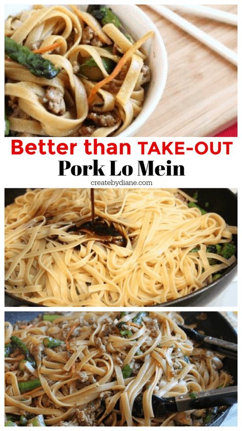 Better than Take Out Pork Lo Mein CHOW MEIN createdbydiane.com Asian Pork Noodle Recipes, Pork Low Mein, Lo Mein Recipe Pork, Low Mein, Pork Chow Mein, Chinese Noodle Dishes, Healthy Asian, Asian Meals, Chow Mein Recipe