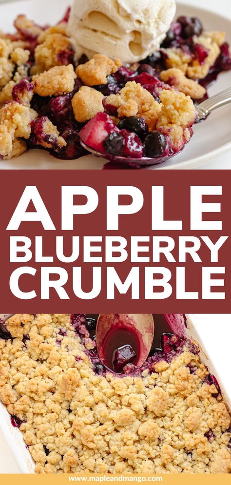 Get ready to fall in love with this blueberry and apple crumble recipe! This warm and comforting dessert features a combination of juicy blueberries and chopped apples with the most amazing buttery crumble topping. | www.mapleandmango.com Apple Blueberry Crumble, Quick Yummy Desserts, Blueberry Crumble Recipes, Sour Cream Chocolate Cake, Cherry Crumble, Apple Crumble Recipe, Blueberry Topping, Comfort Desserts, Fruit Dessert Recipes