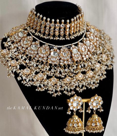 A beautiful bridal set named after our bride Kamal. She customized this Gold-plated Pachi Kundan set to complement her bridal lehenga. This gorgeous 4-piece set comes with a choker, necklace, jhumki earrings, and a tikka. We have been loving the stacked necklace look this wedding season ⚜️ Message Touch Of Elegance to bring your vision to life ⚜️ #bridaljewellery #torontobrides #indianbridaljewellery #punjabiwedding #pakistanijewellery #pachikundan Wedding Jewellery Designs, Kundan Jewellery Bridal, Indian Wedding Jewelry Sets, Indian Accessories, Indian Bridal Jewellery, Indian Bridal Jewelry Sets, Necklace Set Indian, Bridal Choker, Indian Jewellery Design Earrings