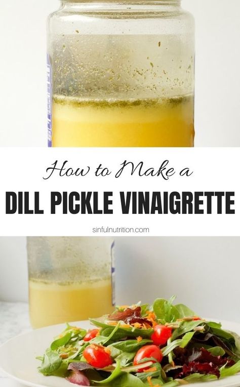 This dill pickle vinaigrette is a simple salad dressing recipe made with leftover pickle juice. The ultimate dressing for pickle lovers! | @sinfulnutrition #sinfulnutrition #pickledressing #dillpicklerecipes Dill Pickle Juice Recipe, Pickle Juice Recipe, Leftover Pickle Juice, Pickle Dressing, Simple Salad Dressing, Pickle Juice Uses, Homemade Salad Dressing Healthy, Dill Pickle Recipe, Seasonal Eating