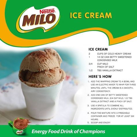 Credit@MILO Milo Ice Cream, Milo Ice, Cooking Book, Homemade Spices, Electric Mixer, Sweetened Condensed Milk, Pinch Of Salt, Condensed Milk, Heavy Cream