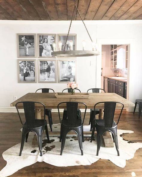 Kitchen Rugs Under Table, Cowhide Rug Dining Room, Rug Kitchen Table, Rugs Under Table, Rug Under Kitchen Table, Hide Kitchen, Western Dining Room, Rug Under Dining Table, Rustic Kitchen Table