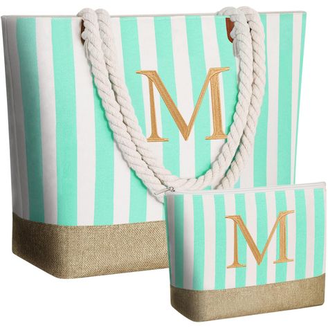 Personalized Green Initial Beach Tote & Makeup Bag for Women Initial Tote Bag, Initial Canvas, Food Deals, Prime Deals, Amazon Prime Day Deals, Amazon Black Friday, Personalized Gift Bags, Prime Day Deals, Monogram Tote Bags