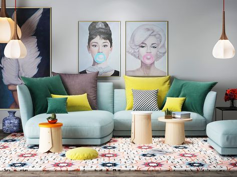 Free Interior Scene For living Space on Behance Pop Art Candy, Blue Couch Living, Colors Mixing, Next Living Room, Blue Couch Living Room, Designs For Living Room, Puzzle Pictures, Blue Couch, Couch Living Room